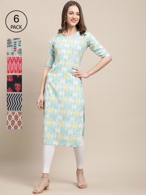 

1 Stop Fashion Pack of 6 Women Printed Straight Crepe Kurta, Blue