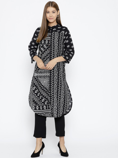 

Global Desi Women Black & White Printed Straight Kurta