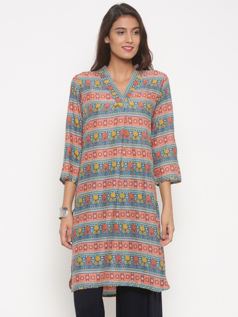 Global Desi Women Pink & Green Printed A-Line Kurta available at myntra for Rs.719