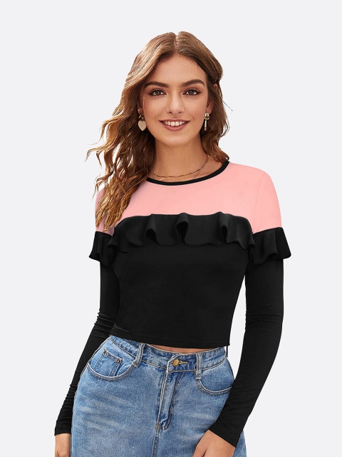 

LONDON BELLY Peach-Coloured Ruffles Crop Top