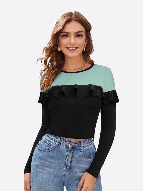 

LONDON BELLY Turquoise Blue Colourblocked Ruffles Crop Top