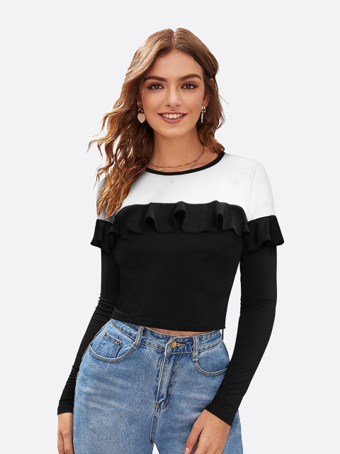 

LONDON BELLY White Colourblocked Ruffles Crop Top