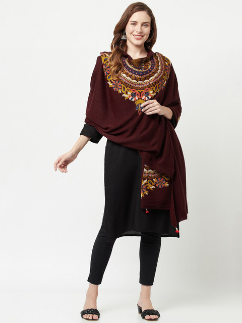 

Knitstudio Women Maroon Embroidered Knitted Shawl
