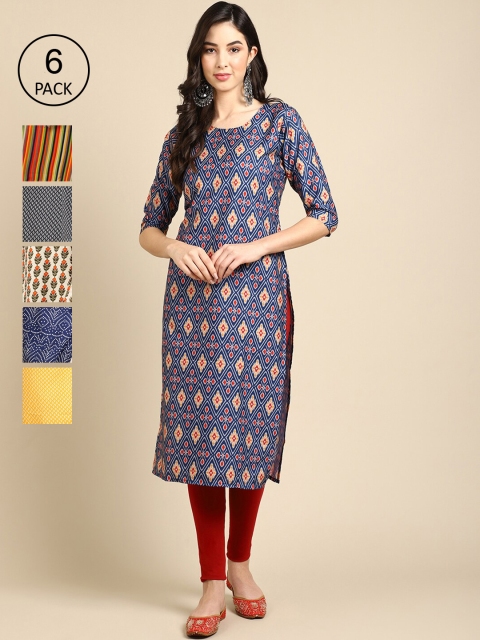 

KALINI Women Pack Of 6 Ethnic Motifs Printed Summer Sheers Crepe Kurta, Blue