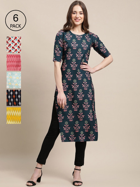 

KALINI Women Pack Of 6 Ethnic Motifs Printed Summer Sheers Crepe Kurta, Black