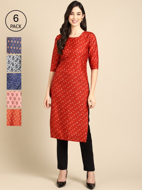 

KALINI Women Pack of 6 Printed Crepe Kurtas, Red