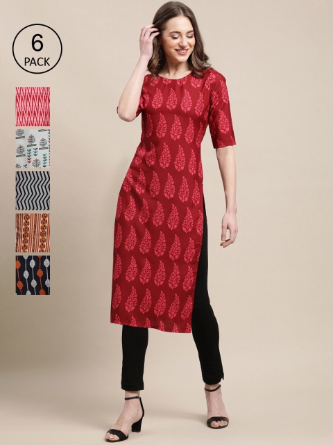 

KALINI Pack of 6 Women Printed Straight Crepe Kurta, Red