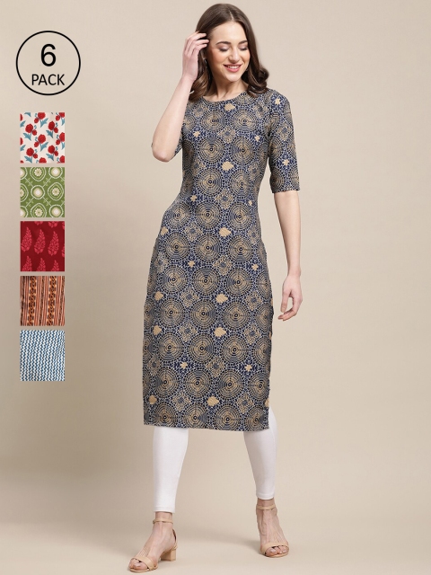 

KALINI Pack of 6 Women Printed Straight Crepe Kurta, Blue