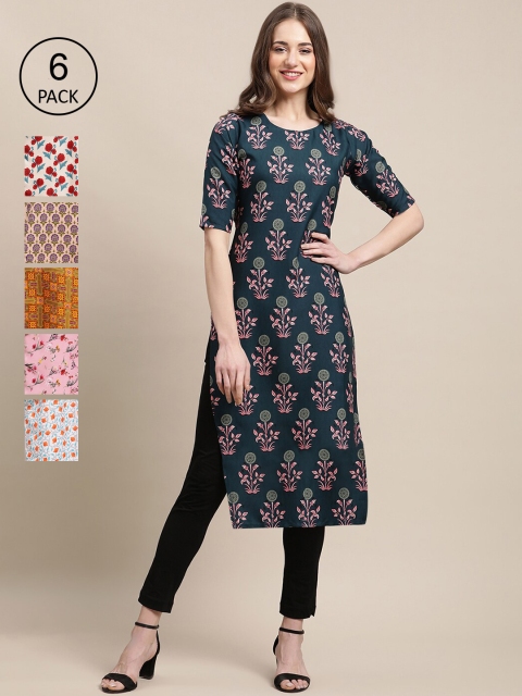 

KALINI Pack of 6 Women Printed Straight Crepe Kurta, Pink