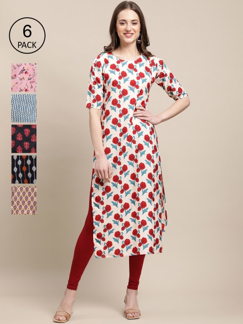 

KALINI Women Red And Blue Ethnic Motifs Printed Summer Sheers Crepe Kurta PACK OF 6