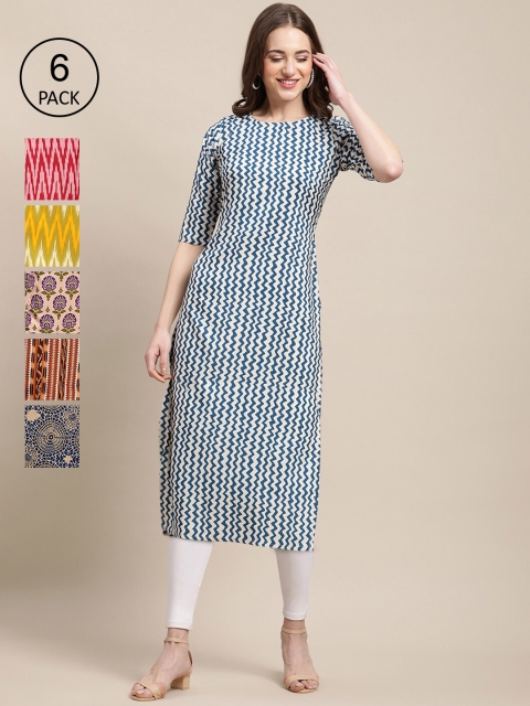 

KALINI Women Set Of 6 Blue & Yellow Floral Printed Crepe Kurta