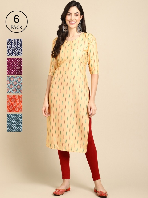 

KALINI Women Set Of 6 Yellow & Blue Ethnic Motifs Printed Crepe Kurta