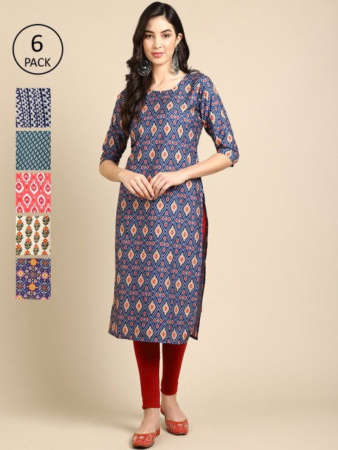 

KALINI Women Pack of 6 Digital Printed Crepe Straight Kurtas, Blue