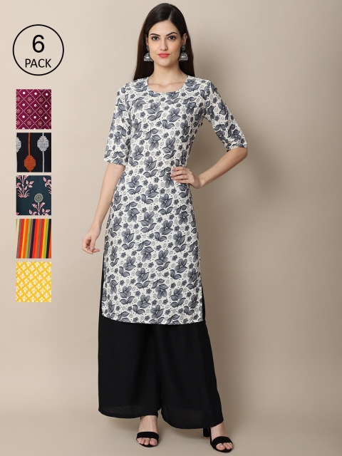 

KALINI Women Pack Of 6 White & Blue Floral Printed Summer Sheers Crepe Kurta