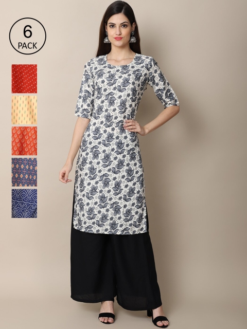

KALINI Women Pack Of 6 Floral Printed Summer Sheers Crepe Kurta, Red