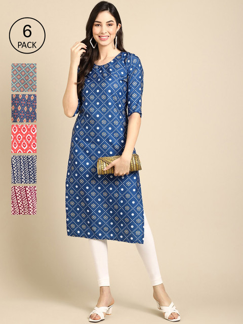 

KALINI Women Pack Of 6 Red & Blue Geometric Printed Summer Sheers Crepe Kurta