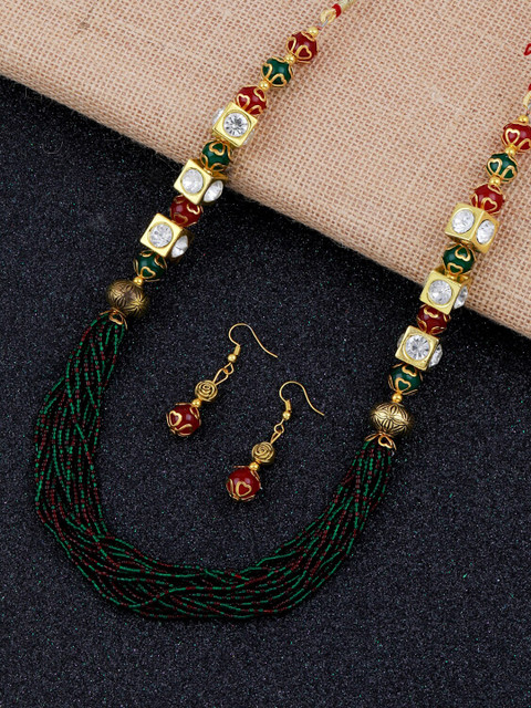 

Silver Shine Gold-Toned Green Stone Studded & Beaded Jewellery Set