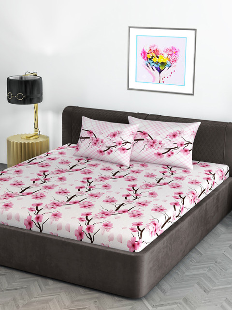 

Divine Casa White & Pink Floral 144 TC King Bedsheet with 2 Pillow Covers