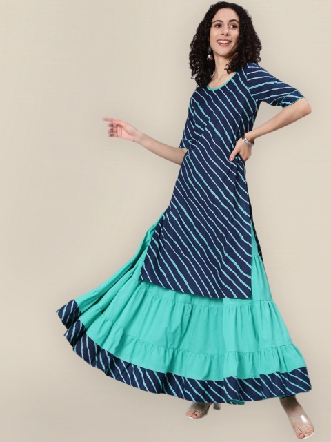 

Sangria Women Blue Leheriya Striped Pure Cotton Kurta with Palazzos