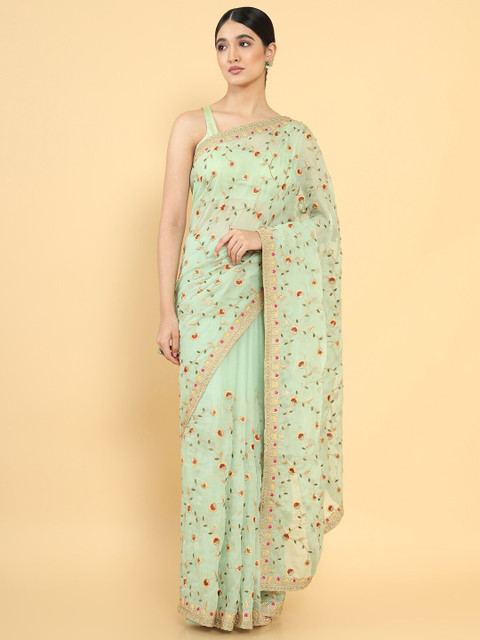 

Soch Green & Pink Floral Embroidered Organza Saree