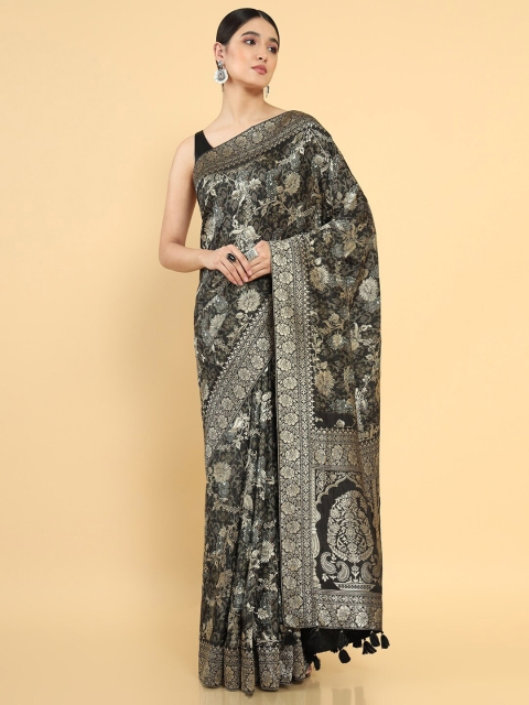 

Soch Black & Silver-Toned Floral Zari Silk Blend Tussar Saree