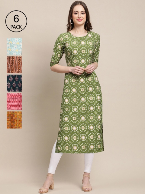 

Ethnic basket Women Pack of 6 Ethnic Motifs Printed Summer Sheers Crepe Kurta, Green