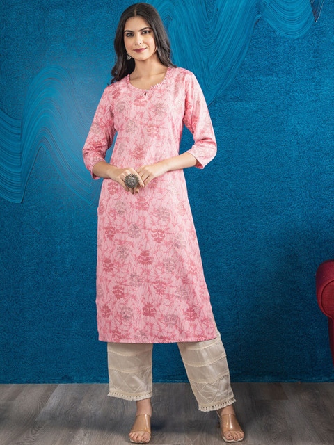 

BEATITUDE Women Pink Floral Printed Keyhole Neck Kurta