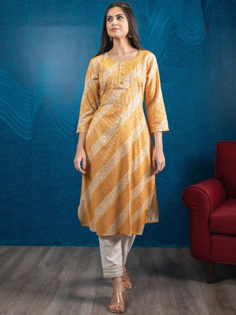 

BEATITUDE Women Yellow Geometric Printed Gotta Patti Anarkali Kurta