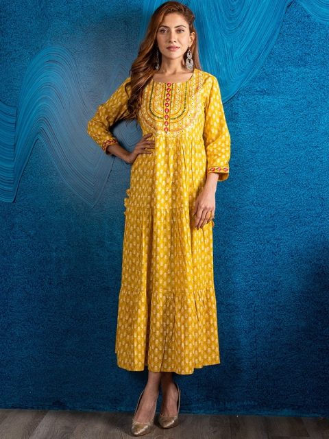

BEATITUDE Women Yellow Ethnic Motifs Embroidered Mirror Work Anarkali Kurta