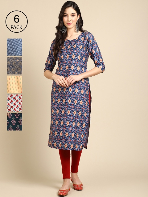 

Ethnic basket Women Pack of 6 Floral Digital Print Crepe Kurta, Blue