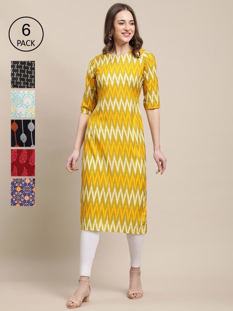 

Ethnic basket Women Pack Of 6 Geometric Printed Block Print Crepe Kurta, Yellow