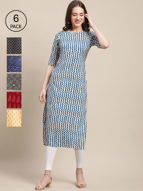 

Ethnic basket Women Pack Of 6 Geometric Printed Thread Work Block Print Crepe Kurta, White