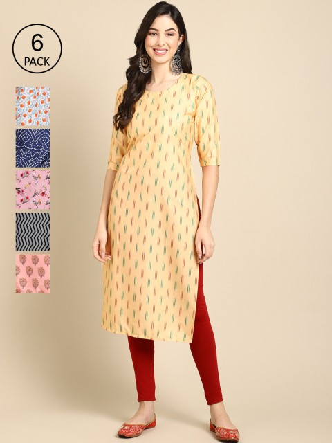

Ethnic basket Pack Of 6 Women Printed Straight Crepe Kurta, Navy blue