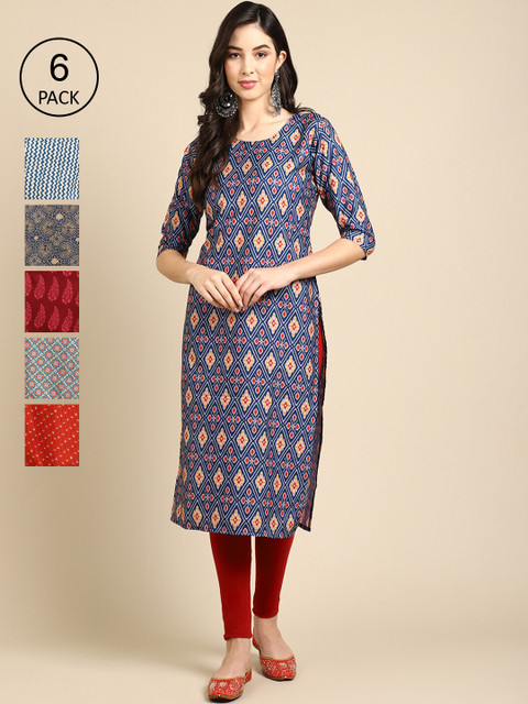 

Ethnic basket Women Red And Blue Geometric Block Print Crepe Kurta PACK OF 6