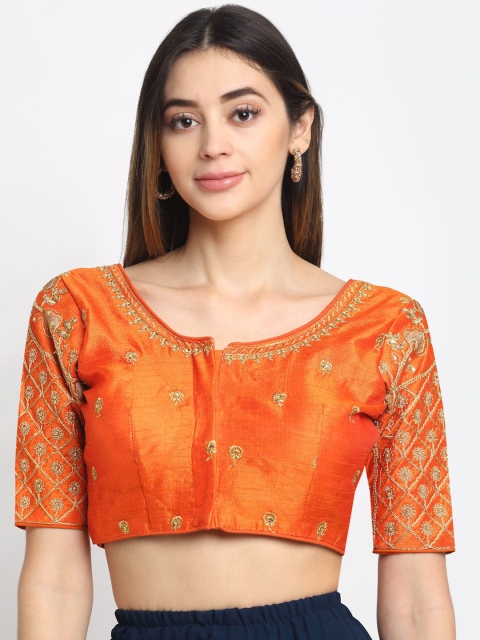 

Grancy Women Mustard Embroidered Silk Saree Blouse, Orange