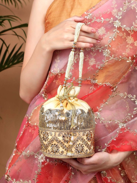 

Rubans Cream-Coloured & White Embroidered Potli Clutch