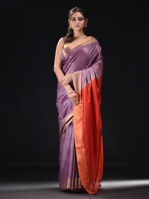 

BEATITUDE Mauve & Orange Slub Cotton Zari Saree