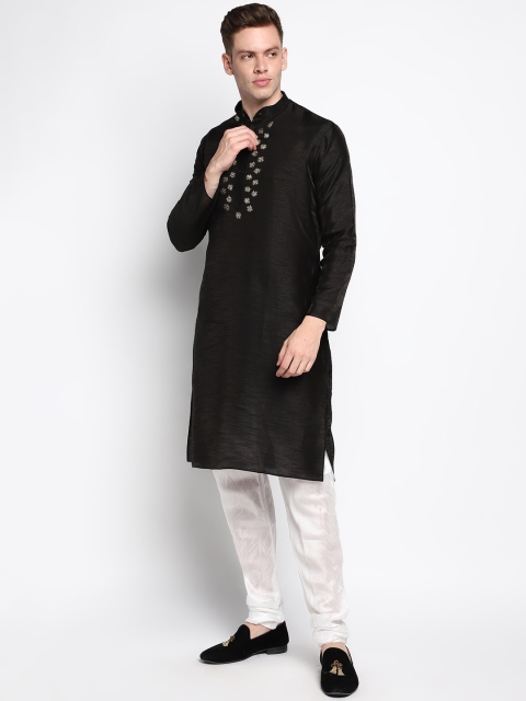 

DEVOILER Men Black Thread Work Kurta