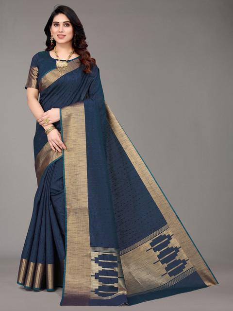 

Winza Designer Navy Blue & Gold-Toned Woven Design Zari Silk Blend Banarasi Saree
