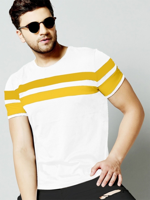 

AUSK Men White & Mustard Yellow Colourblocked T-shirt