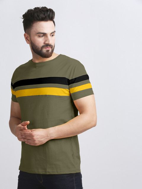 

AUSK Men Green & Mustard Yellow Striped T-shirt