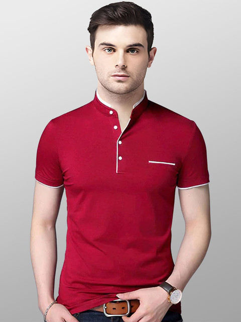 

AUSK Men Red Mandarin Collar T-shirt with Mask