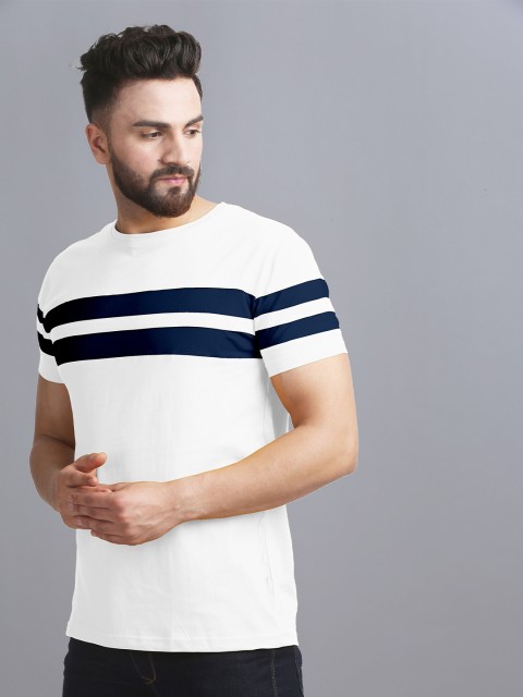 

AUSK Men White & Blue Colourblocked Striped T-shirt