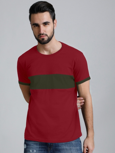 

AUSK Men Maroon & Olive Green Colourblocked T-shirt