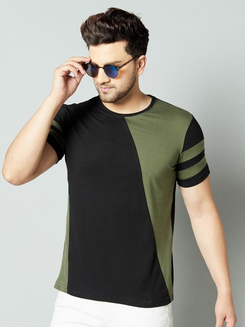 

AUSK Men Black & Olive Green Colourblocked T-shirt