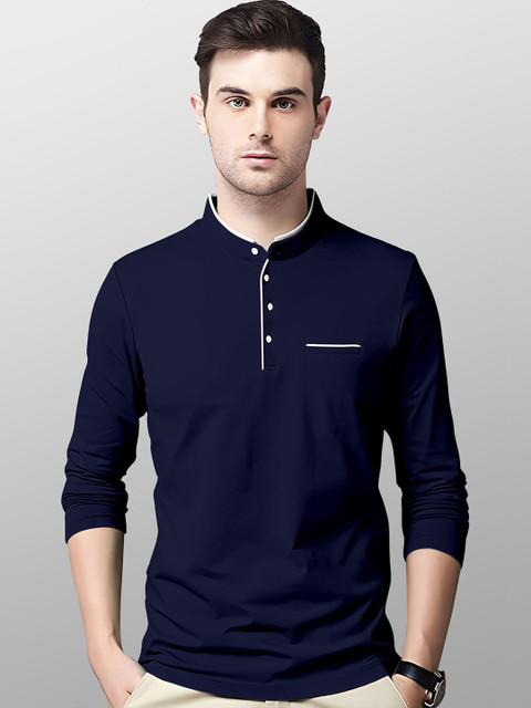 

AUSK Men Blue Solid Cotton Henley Neck T-shirt