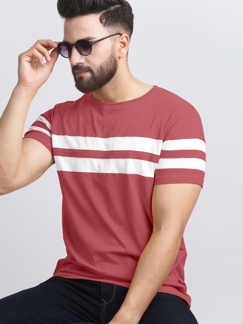 

AUSK Men Peach & White Striped Cotton T-shirt