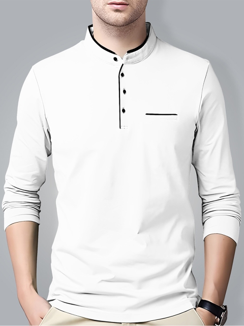

AUSK Men White Solid Mandarin Collar T-shirt