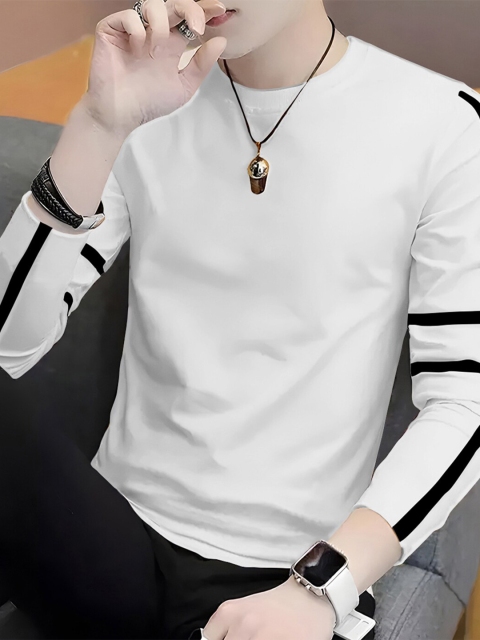 

AUSK Men White & Black Striped Round Neck Full Sleeve T-Shirt