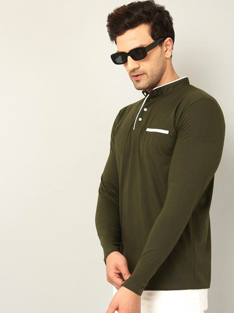 

AUSK Men Olive Green Mandarin Collar T-shirt